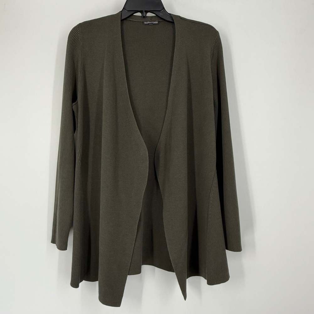 Eileen Fisher Linen‎ Blend Cardigan Long Sleeves Olive Green Size Small